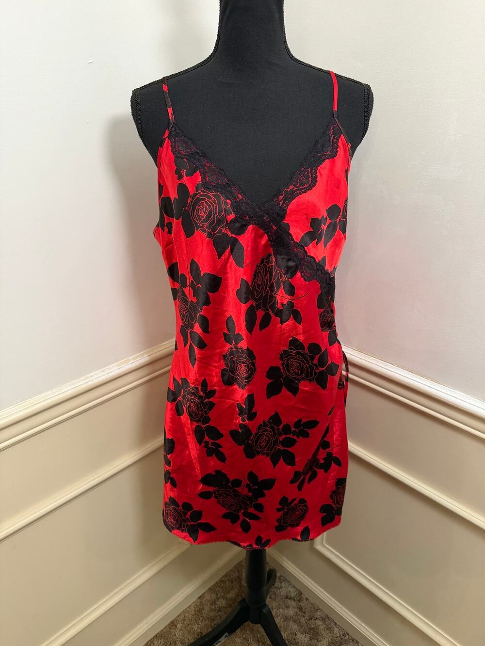 Vintage Y2K Red Rose Slip Dress Mini Lace Trim Satin Chemise Nightie Whimsygoth